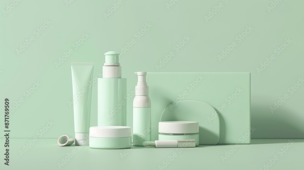 Product series: Shampoo and cosmetic bottles Displayed on a solid light green background. Product series: Shampoo and cosmetic bottles Displayed on a solid light green background.
