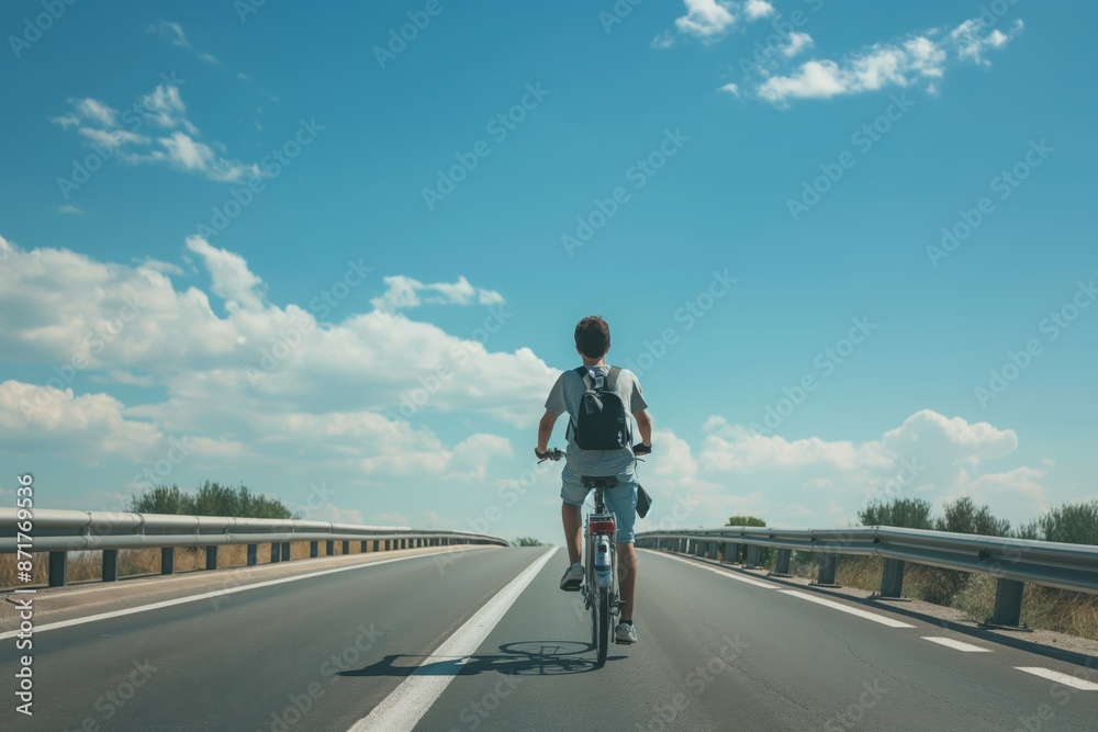 Fototapeta premium A young man rides a bicycle on the highway
