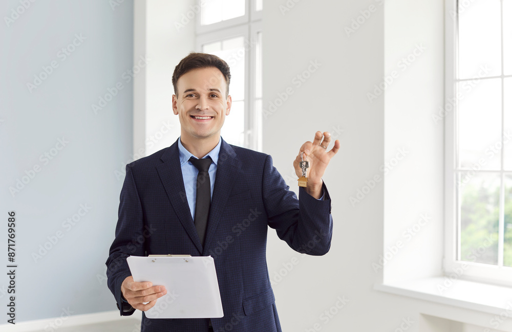 Realtor, happy smiling professional male real estate agent key holding, advertising property, helping to buy, sell rent home, apartments, commercial properties, consulting on market, price, mortgage Realtor, happy smiling professional male real estate agent key holding, advertising property, helping to buy, sell rent home, apartments, commercial properties, consulting on market, price, mortgage