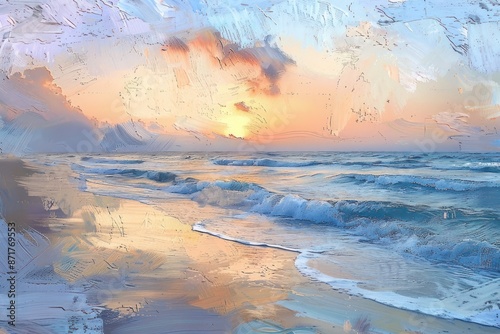 A painting of a beach with a sunset in the background