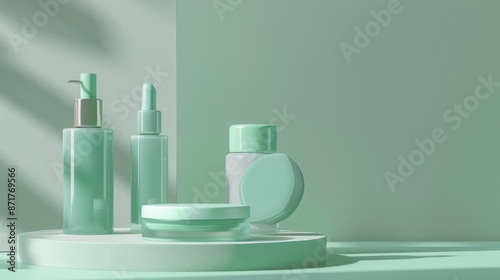 Product series: Shampoo and cosmetic bottles Displayed on a solid light green background. © WITTAYA  ANGMUJCHA