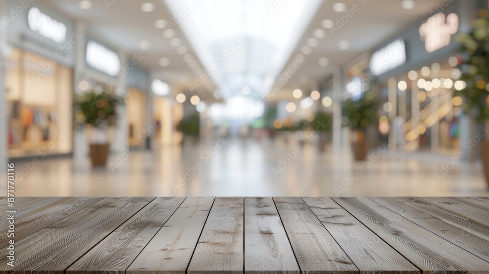 Empty wooden table top for product display, presentation stage. Blurred shopping center or mall in the background. Empty wooden table top for product display, presentation stage. Blurred shopping center or mall in the background.