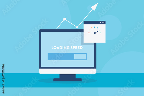 Website loading speed. Website speed checker online, Loading speed optimization, Server loading data, Fast website speed. Vector illustration background.
