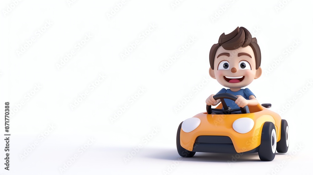 A cartoon boy smiles as he drives a toy car. A cartoon boy smiles as he drives a toy car.