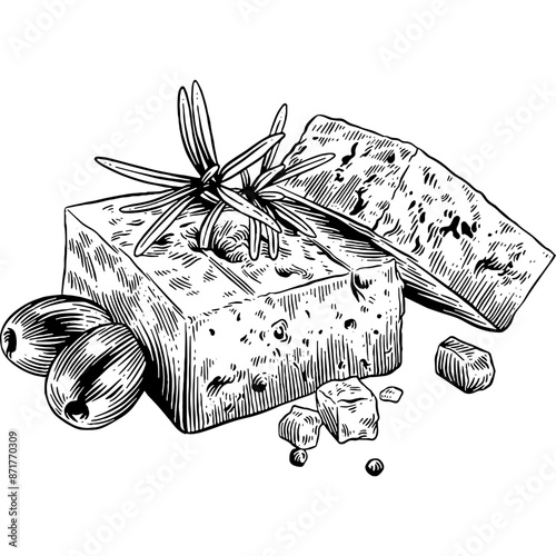 Hand drawn Feta Cheese Sketch Illustration