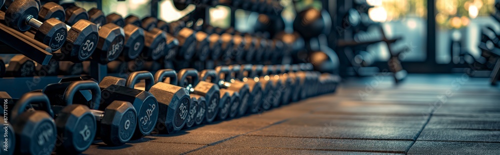 Obraz premium Dumbbells and kettlebells, neatly laid out in the gym