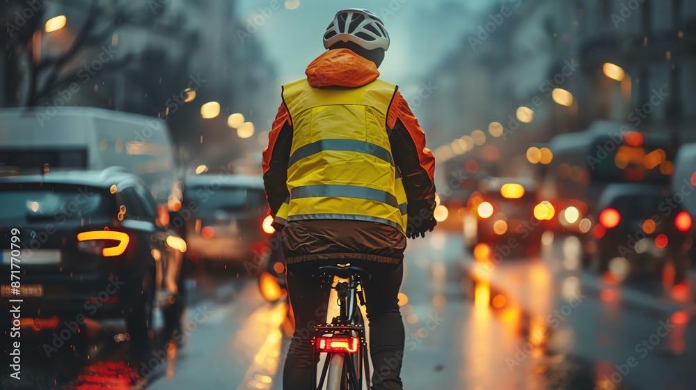 Cyclist wearing a safety vest on a busy road, visible and protected Cyclist wearing a safety vest on a busy road, visible and protected