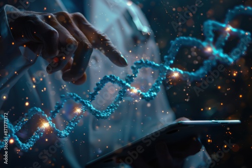 A person is pointing at a blue DNA strand on a tablet photo