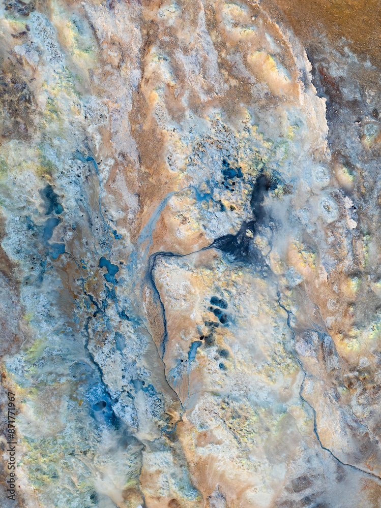 View from above, stunning aerial view of Námafjall Geothermal Area also known as Hverir with smoking fumaroles and boiling mud pots, surrounded by sulphur crystals of many different colours, Iceland.