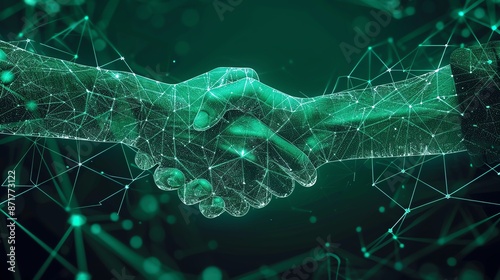 Digital handshake on a green technology background Abstract two hands in lines, connected nodes, and polygons, business collaboration concept
