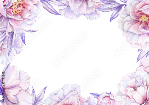 Floral frame of drawn peonies and pink roses on a white background. Elegant square template for wedding invitation, decoration, card, textile design and print.