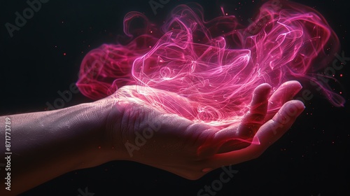 Pink Enchanted fantasy hand concept Ethereal magical fantasy swirls of pink glow set against a black background Wizardry Swirling palm of a hand Surreal energy swirl photo