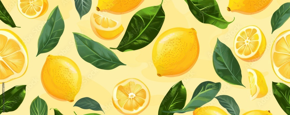 A painting of a bunch of lemons with green leaves. Free copy space for text. A painting of a bunch of lemons with green leaves. Free copy space for text.