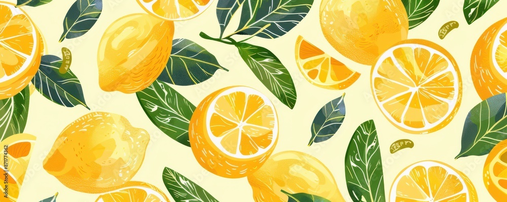 A painting of a bunch of lemons with green leaves. Free copy space for text. A painting of a bunch of lemons with green leaves. Free copy space for text.