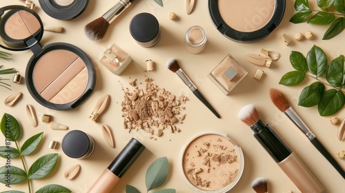 Flat lay photo of makeup set in beige background. photo