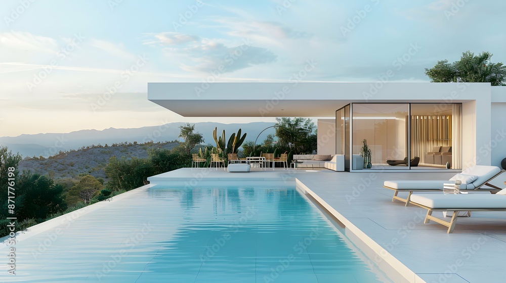 Fototapeta premium A luxurious poolside retreat, with the blank mockup of the minimalist villa complementing the elegant ambiance.