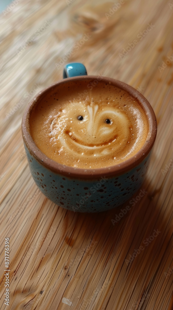 A cup of coffee with milk and cinnamon on top, the surface covered in a smiley face pattern, placed on an old wooden table in a close-up shot. A cup of coffee with milk and cinnamon on top, the surface covered in a smiley face pattern, placed on an old wooden table in a close-up shot.