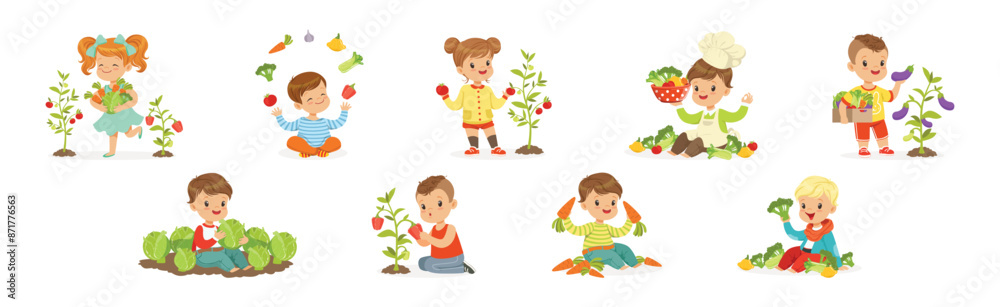 Happy Kid Character Harvesting Ripe Vegetables Vector Set Happy Kid Character Harvesting Ripe Vegetables Vector Set
