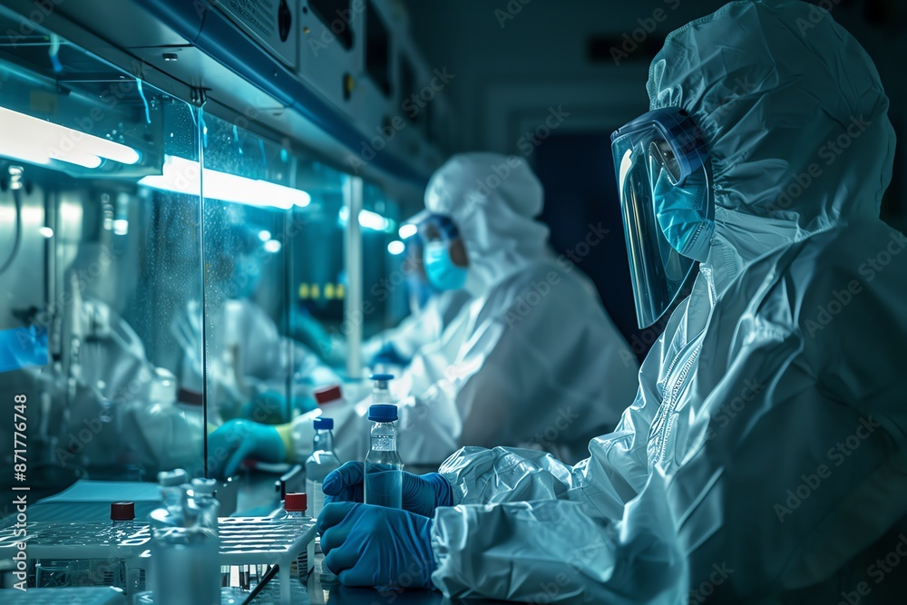 Bird flu research team in a highsecurity lab, focused and collaborative Bird flu research team in a highsecurity lab, focused and collaborative