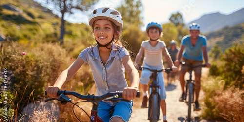 Family Cycling Together Outdoors,
