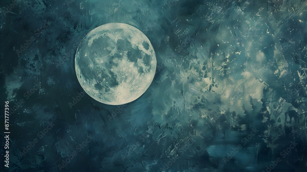 Fototapeta premium Beautiful Oil painting of the night sky with a bright large full moon and ocean sky. Beautiful oil painting wallpaper, art print, background design.