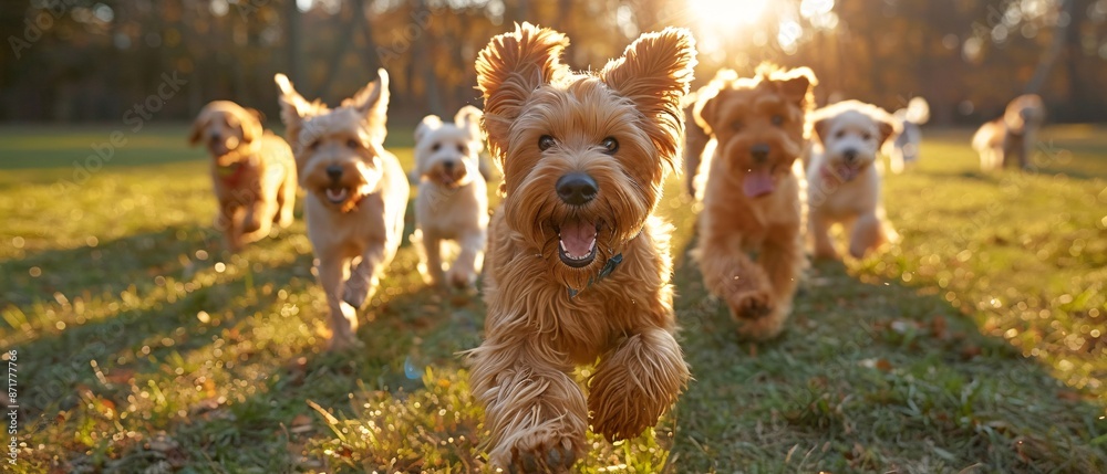 Group of funny dogs playing on green grass in park. Group of funny dogs playing on green grass in park.