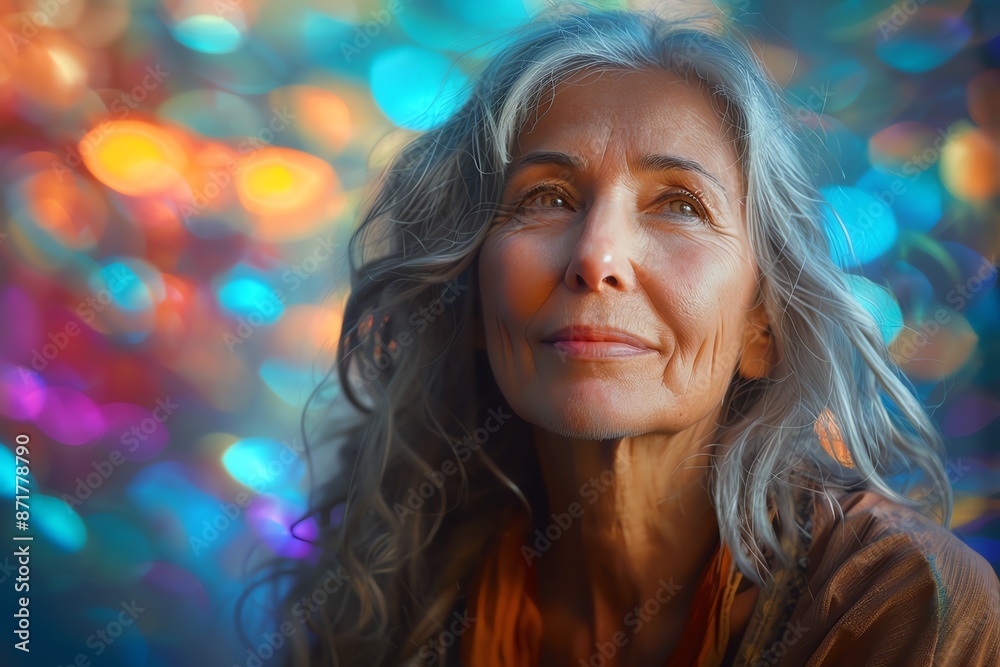 Radiant middleaged woman in gratitude Unique gratitude concept with a fantasy vibrant ethereal colorful approach Conceptual image of love and appreciation With copy space Glowing l