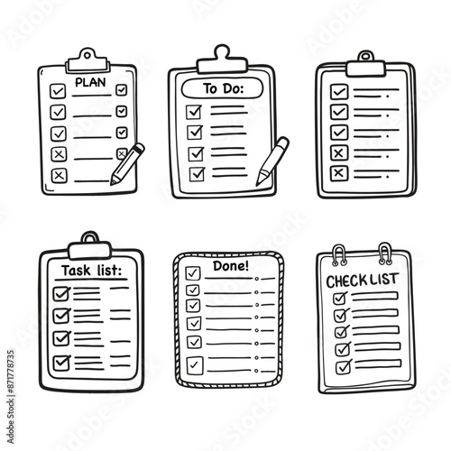 Doodle checklist set. To do, task list with check mark vector illustration. Hand drawn sketch style memo page.