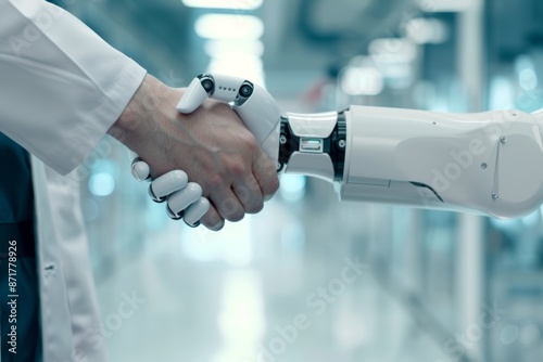 Doctor and robot shake hands in harmony - symbolizing the collaboration between artificial intelligence and medical science.