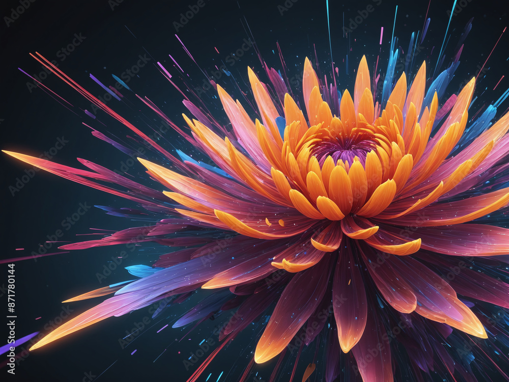 A vibrant explosion of digital data, with glowing lines, shapes, and textures reminiscent of blossoming flowers A vibrant explosion of digital data, with glowing lines, shapes, and textures reminiscent of blossoming flowers