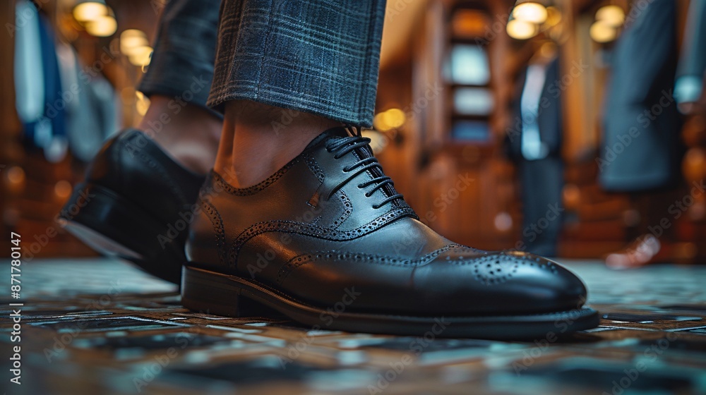 Man in a cloakroom, side view, as he carefully puts on a pair of sleek black leather shoes Man in a cloakroom, side view, as he carefully puts on a pair of sleek black leather shoes