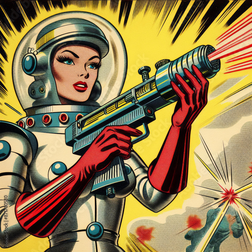 illustration comic book vintage, space woman with a laser gun photo