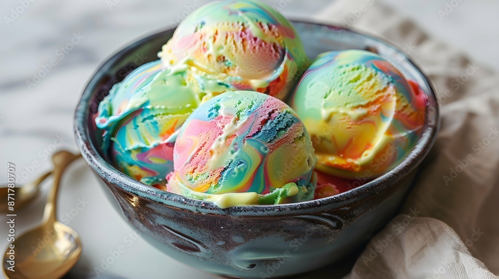 Fototapeta premium bowl of rainbow sherbet swirl ice cream