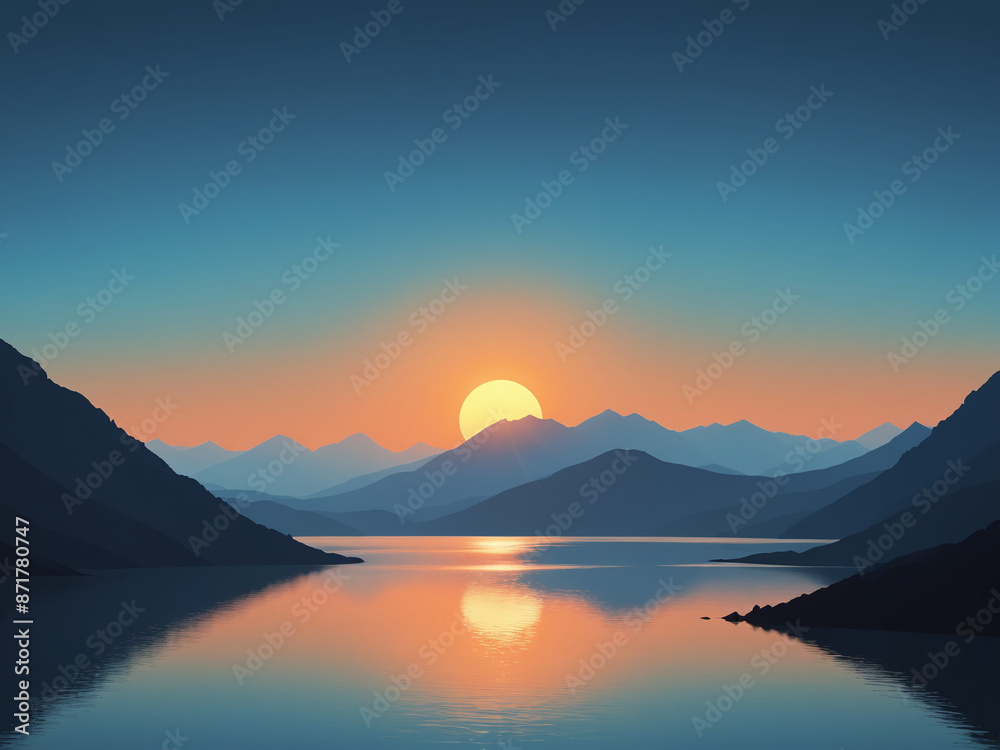 Abstract landscape, large sun, orange and blue tones, silhouetted mountains, calm lake, minimalist style, digital art Abstract landscape, large sun, orange and blue tones, silhouetted mountains, calm lake, minimalist style, digital art