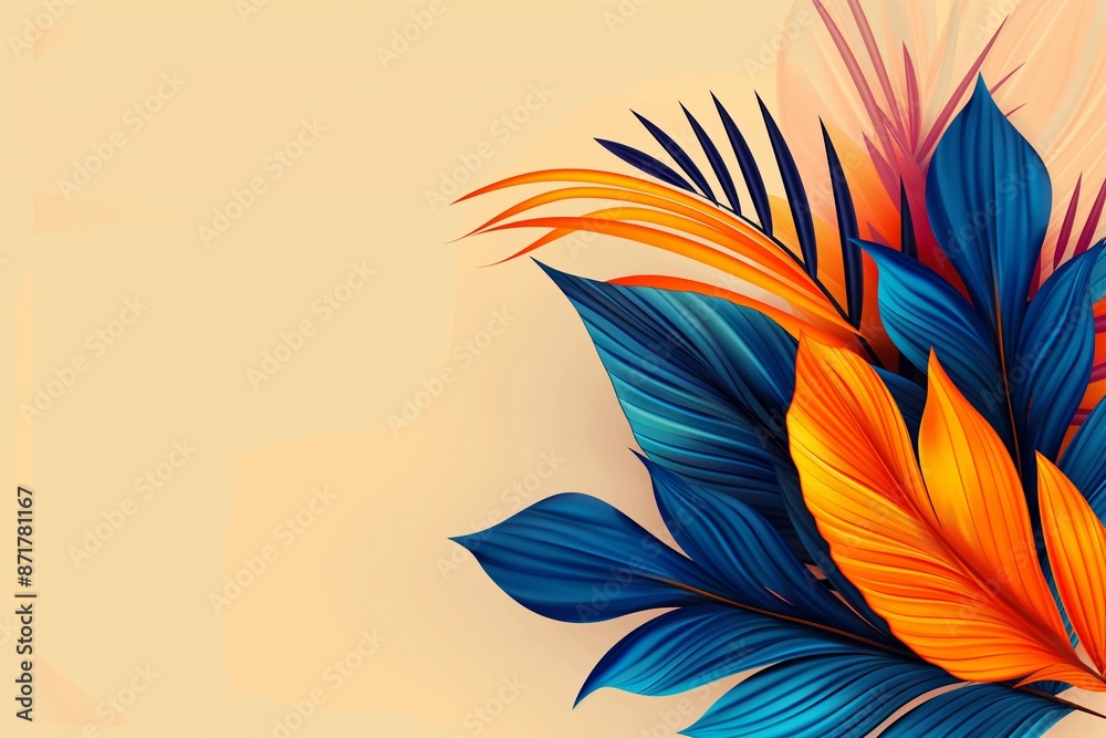 A colorful leafy background with a blue and orange leaf. The background is a light tan color