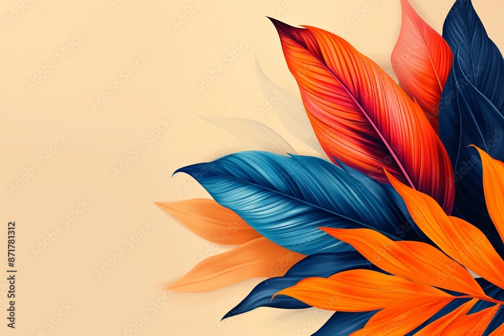 Fototapeta premium A colorful leafy plant with blue, orange, and red leaves. The leaves are arranged in a way that creates a sense of movement and flow. Scene is vibrant and lively