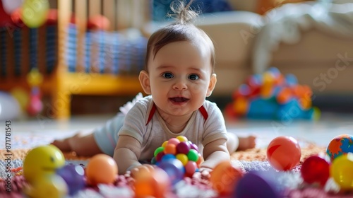A baby is laying on the floor surrounded by a pile of colorful balls
