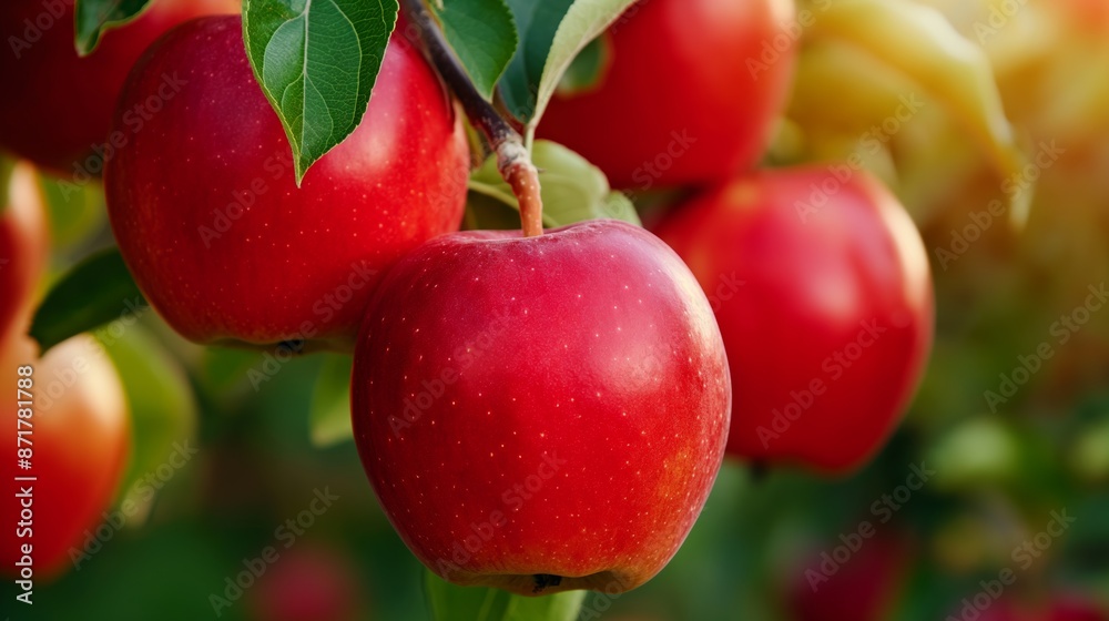 A red apple hanging from a tree. The apple is surrounded by other apples. Concept of abundance and freshness A red apple hanging from a tree. The apple is surrounded by other apples. Concept of abundance and freshness