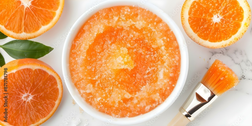 Overhead shot of DIY orange grapefruit scrub in white bowl with brush. Concept DIY Beauty Products, Citrus Skincare, Flat Lay Photography, Spa Day at Home Overhead shot of DIY orange grapefruit scrub in white bowl with brush. Concept DIY Beauty Products, Citrus Skincare, Flat Lay Photography, Spa Day at Home
