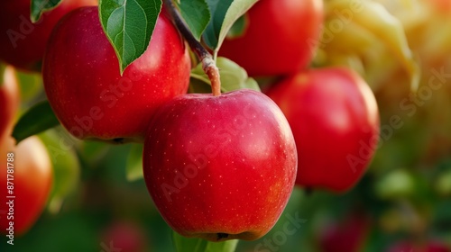 Wallpaper Mural A red apple hanging from a tree. The apple is surrounded by other apples. Concept of abundance and freshness Torontodigital.ca