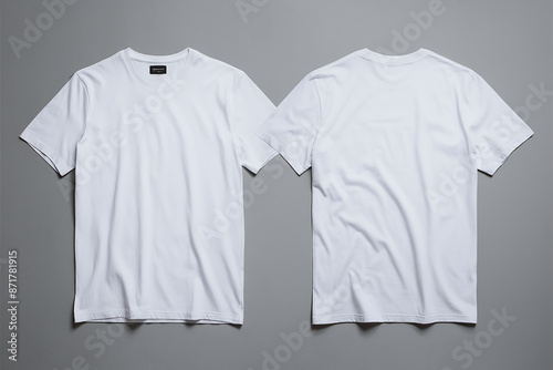 A plain white t-shirt displayed from two different angles against a gray background. On the left side, the t-shirt is shown with its front facing the viewer, while on the right. © Hogr