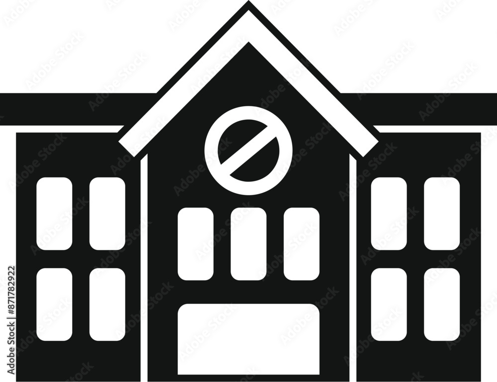 Simple black and white icon of a school building with a stop sign, representing its closure