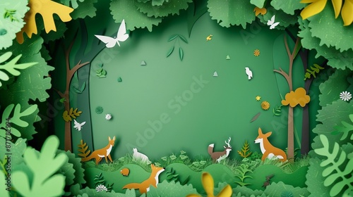 A forest with paper cut trees and animals on a bright green background representing biodiversity and wildlife