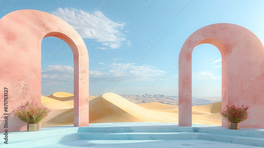 Surreal pastel landscape with arches and podium, 3D render.