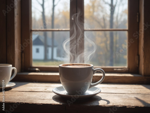 Steaming coffee mug on rustic wooden table, bathed in soft morning light from window photo