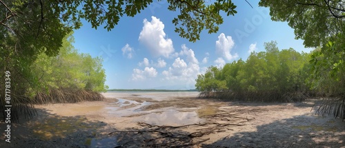 AI generator image of mangrove forest, seaside forest During high tide and low tide, there are many aquatic animals such as crabs, shrimp, and snails. photo