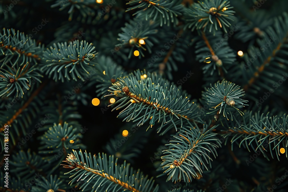 Christmas Lights Hanging against Evergreen Trees Pine Branches with Needles. Winter Evergreen Fir, Many Particles of Snow Dust Falling. Green Spruce, Tiny Light Golden Bokeh. Natural Xmas Background Christmas Lights Hanging against Evergreen Trees Pine Branches with Needles. Winter Evergreen Fir, Many Particles of Snow Dust Falling. Green Spruce, Tiny Light Golden Bokeh. Natural Xmas Background