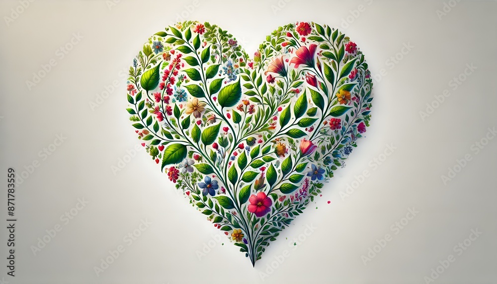 Heart Shape with Leaves and Colorful Flowers on White Background - Valentine's Day - Lovers' Day - Spring is Coming - Generative AI Heart Shape with Leaves and Colorful Flowers on White Background - Valentine's Day - Lovers' Day - Spring is Coming - Generative AI