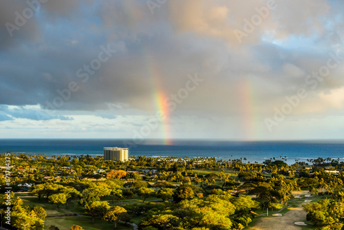 Aerial view of double rainbow over Kahala Rainbows, Hawaii, United States.