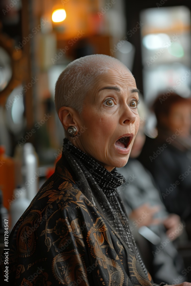Surprised Woman With Shaved Head In Public